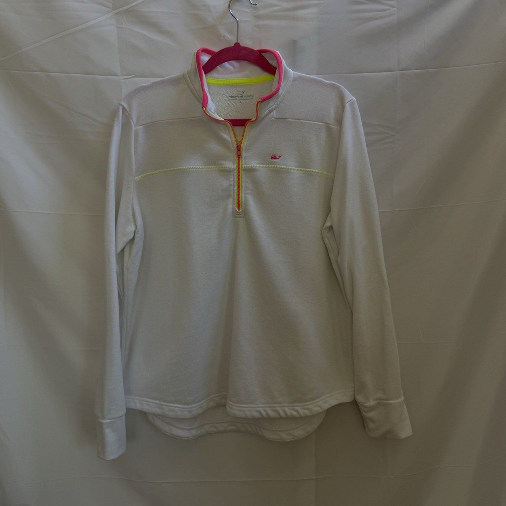 Vineyard Vines White Cotton Blend 1/4 Zip Pullover Large neon Yellow & Pink Trim
